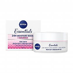 NIVEA ESSENTIALS MOISTURE BOOST + NOURISH RICH 24ωρη ΕΝΥΔΑΤΙΚΗ ΚΡΕΜΑ ΠΡΟΣΩΠΟΥ ΜΕ SPF15 ΓΙΑ ΞΗΡΕΣ ΕΠΙΔΕΡΜΙΔΕΣ 50ml
